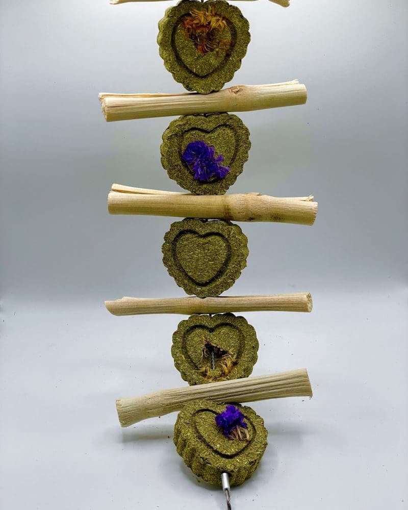 Timothy Hay Floral Grass Heart-shaped Cakes and Bamboo Hanging Treat for Rabbit, Hamsters, Guinea Pigs, Chinchillas & Small Rodents