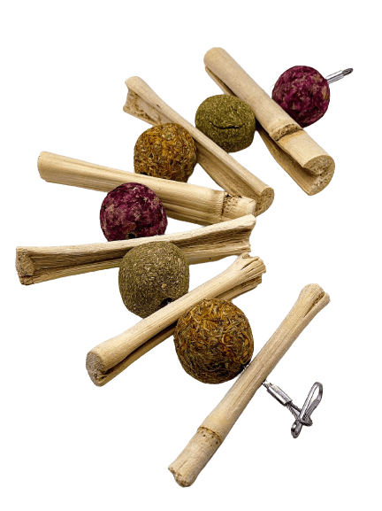 Floral Balls and Bamboo Sticks Hanging Chew Timothy Hay Treat for Rabbit, Hamsters, Guinea Pigs, Chinchillas & Small Rodents.