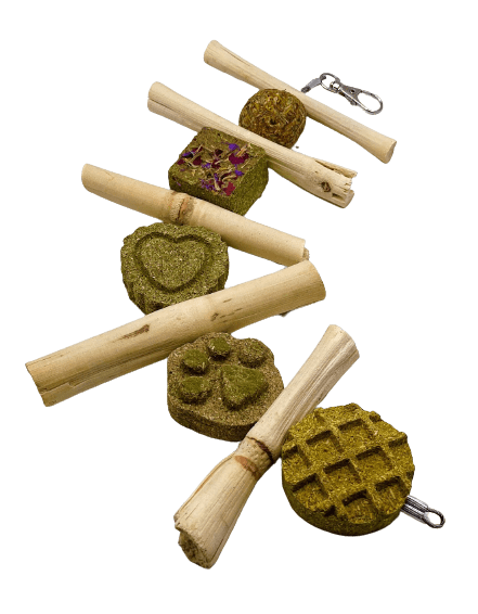 Timothy Hay Grass Cakes, Balls and Bamboo Sticks Hanging Chew Toy Treat for Rabbit, Hamsters, Guinea Pigs, Chinchillas & Small Rodents.