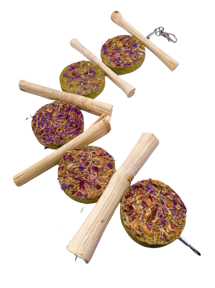 Timothy Hay Floral Round Cakes and Bamboo Sticks Hanging Treat for Rabbit, Hamsters, Guinea Pigs, Chinchillas & Small Rodents.