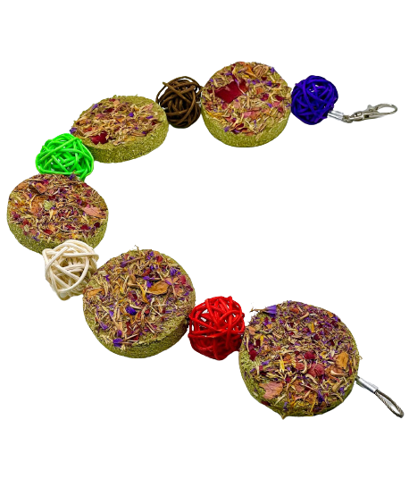 Timothy Hay Floral Round Cakes and Rattan Balls Hanging Chew Toy Treat For Rabbit, Hamsters, Guinea Pigs, Chinchillas & Small Rodents