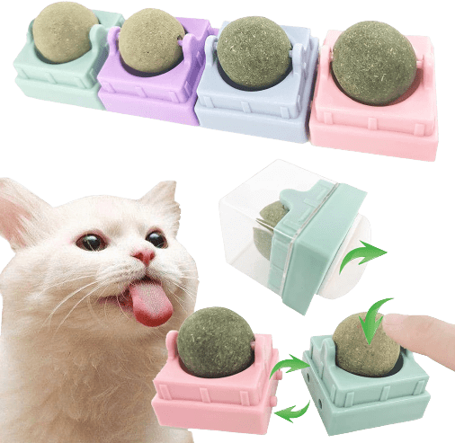 Pack of 4 Rotating Catnip Lick-able Ball. Cat Molar Dental Teeth Cleaning Indoor Self-Adhesive.