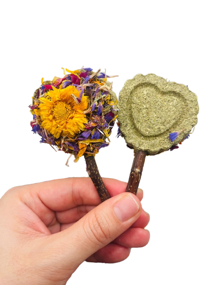 Heart-Shaped Timothy Hay Grass Lollipop With Petals Forage Treat For Rabbit, Hamsters, Guinea Pigs, Chinchillas & Small Rodents