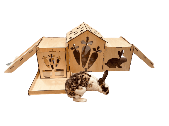Indoor Bunny Rabbit Castle, Hideout and Wooden House Playset with Ramps, Hay Feeder & Waste Tray