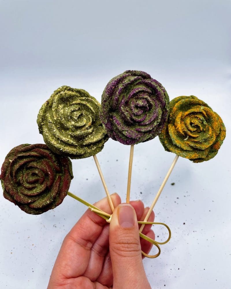 4 Pack Timothy Hay Rose Flower Lollipop with Bamboo Stick Treat for Rabbits, Hamsters, Guinea Pigs, Chinchillas and Small Rodents.